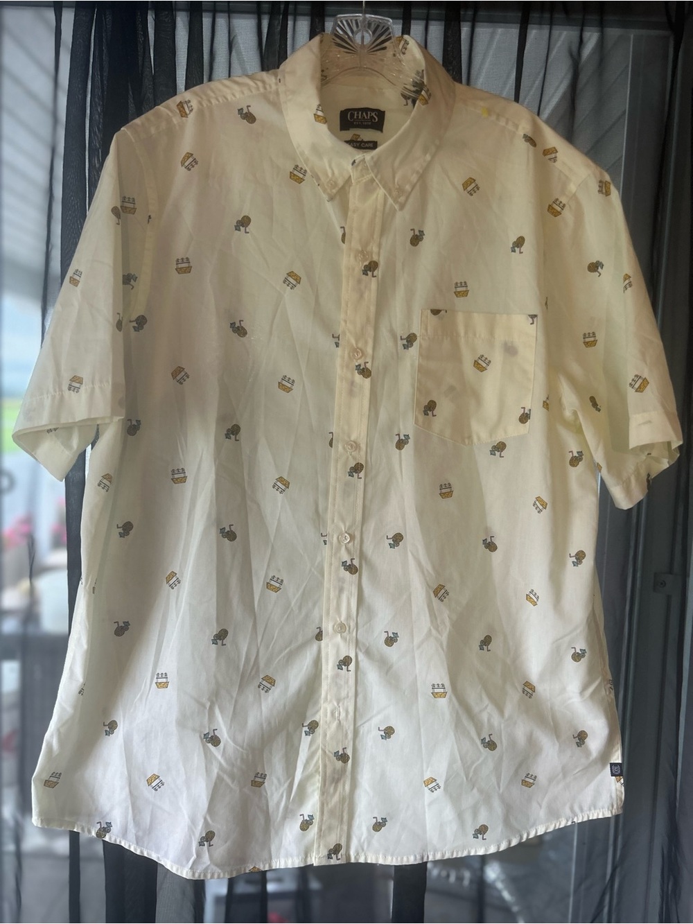 Chaps Men’s Short-Sleeve Button-Up Shirt - Cream with Brown & Gold Motif